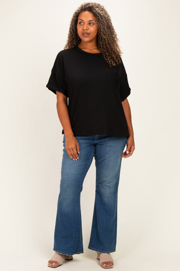 Black Plus Raised Rib Short Sleeve Front Pocket Top