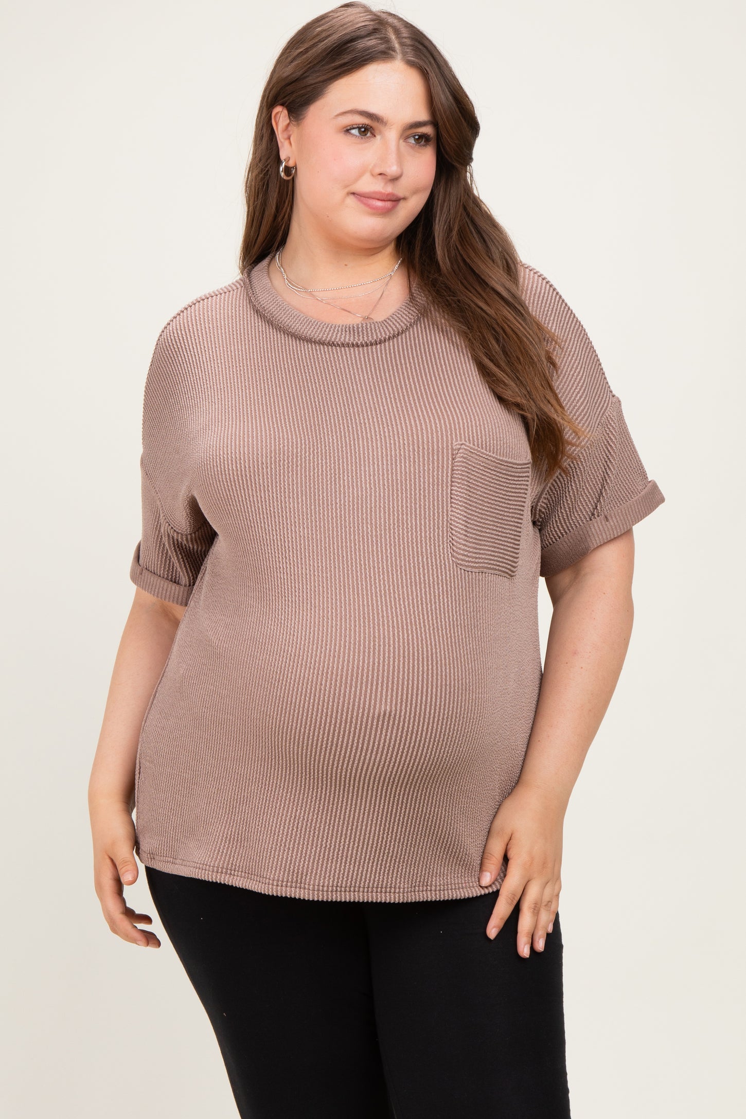 Mocha Plus Raised Rib Short Sleeve Front Pocket Maternity Top