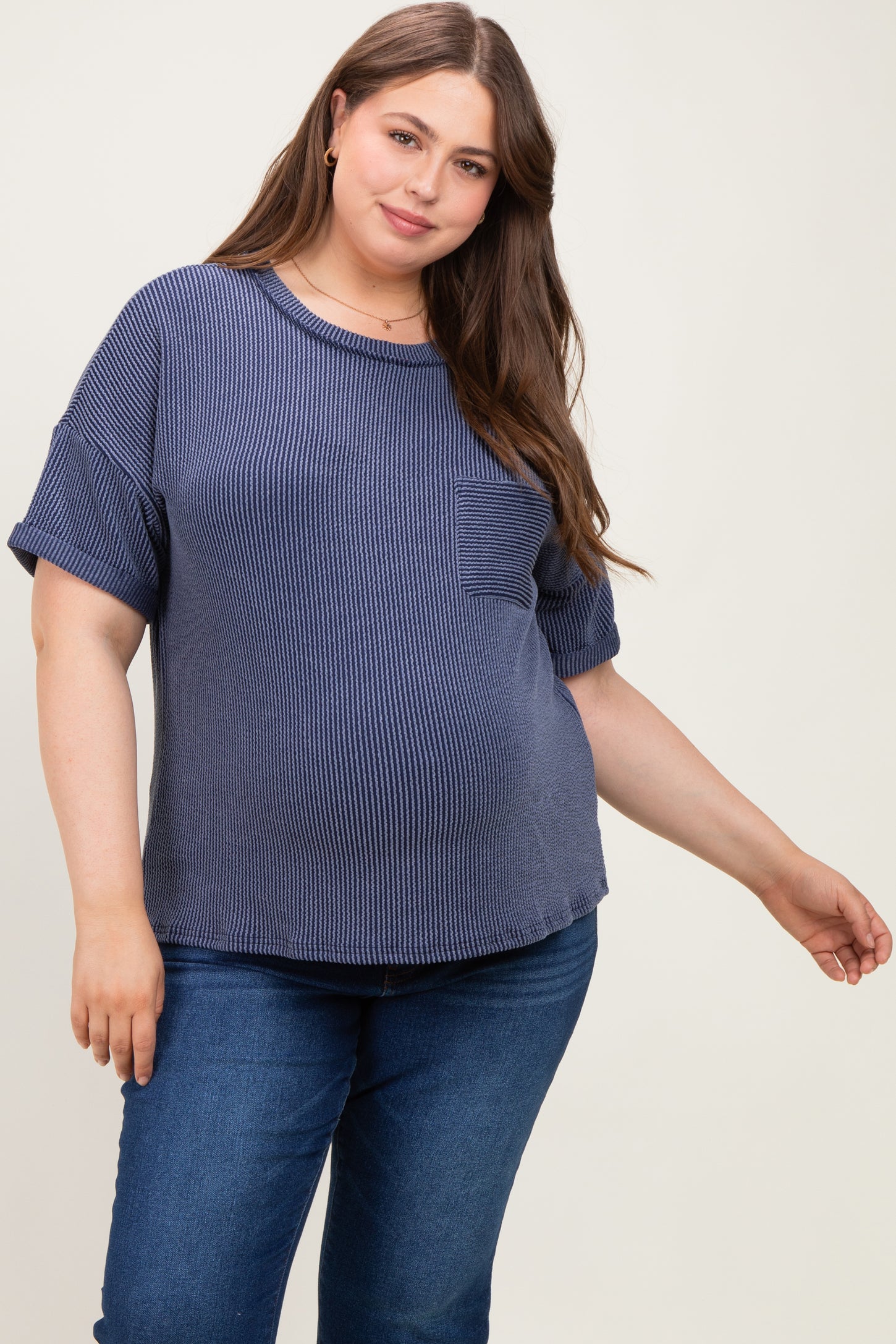 Navy Plus Raised Rib Short Sleeve Front Pocket Maternity Top