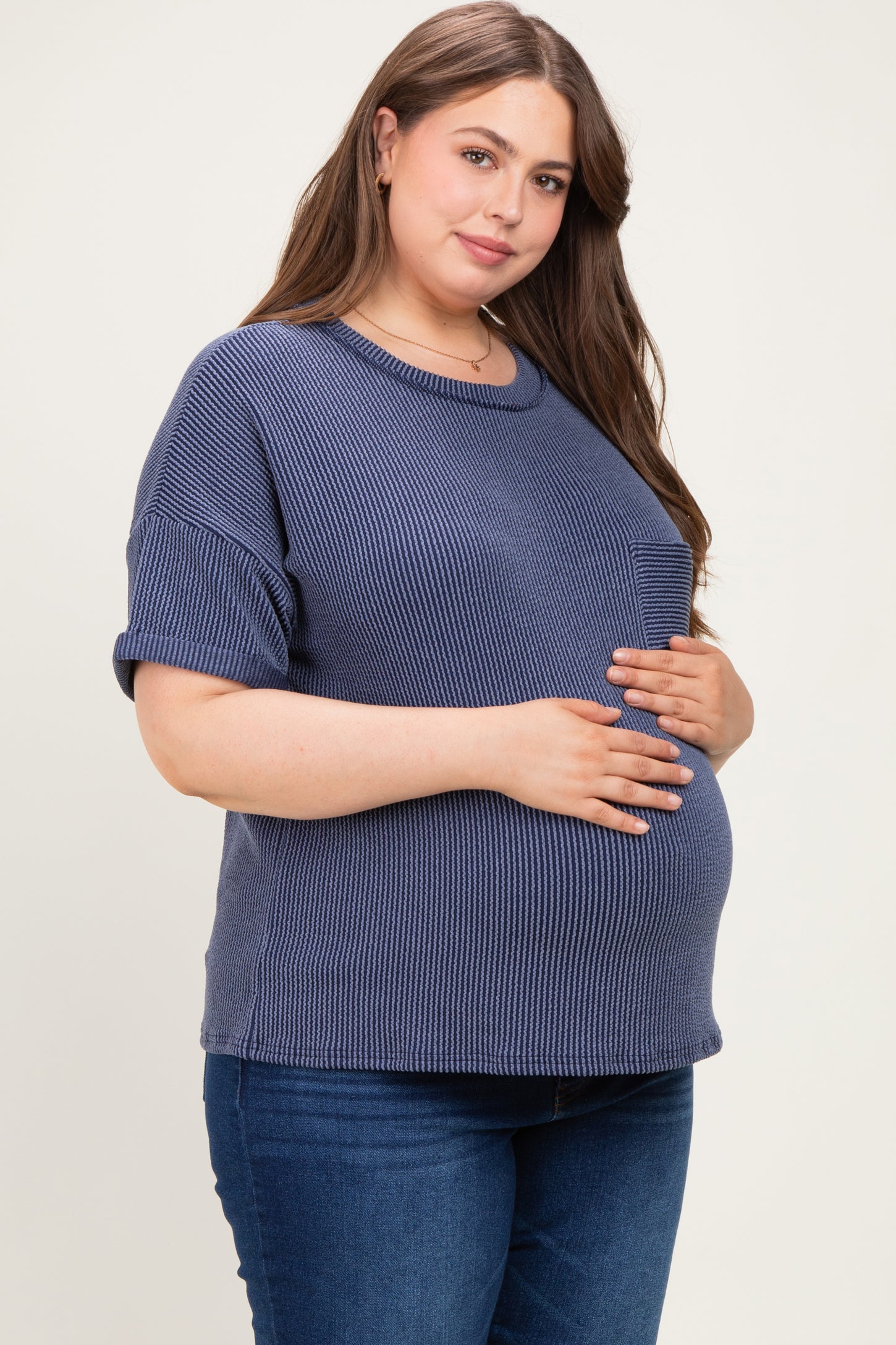 Navy Plus Raised Rib Short Sleeve Front Pocket Maternity Top