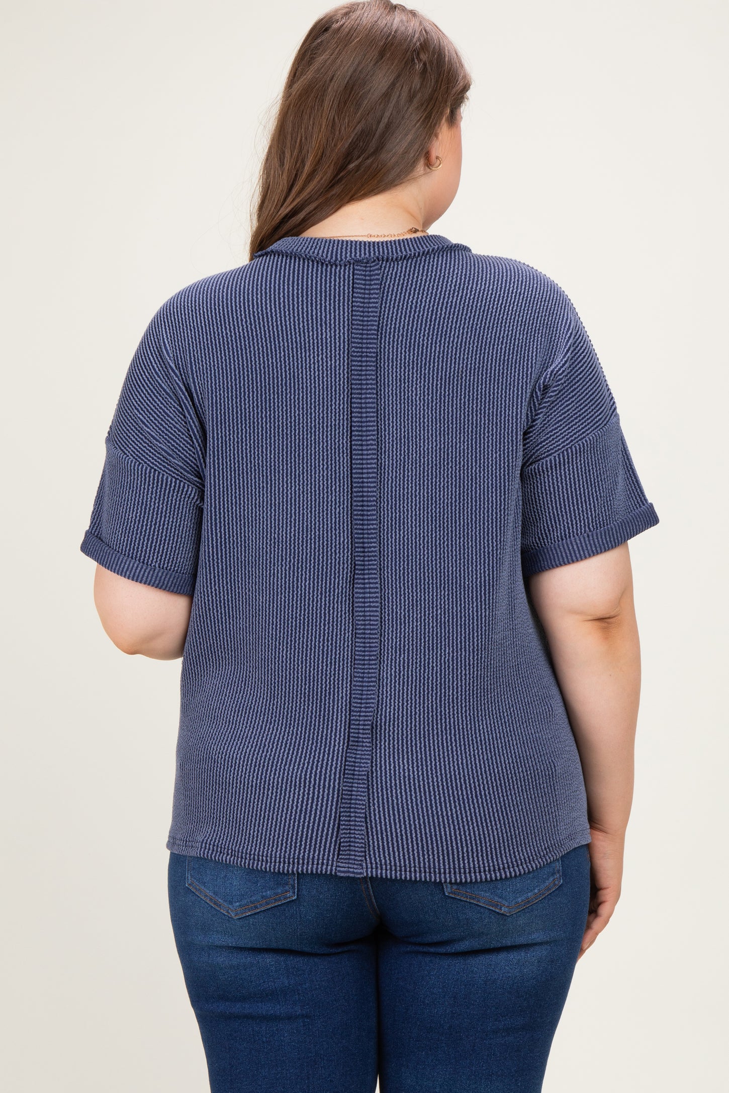 Navy Plus Raised Rib Short Sleeve Front Pocket Maternity Top