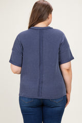 Navy Plus Raised Rib Short Sleeve Front Pocket Maternity Top