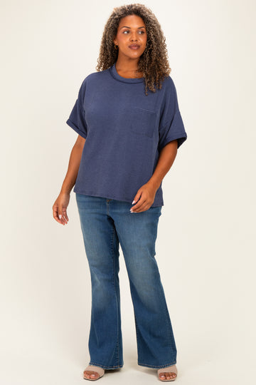 Navy Plus Raised Rib Short Sleeve Front Pocket Top