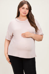 Beige Plus Raised Rib Short Sleeve Front Pocket Maternity Top