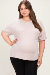 Beige Plus Raised Rib Short Sleeve Front Pocket Maternity Top