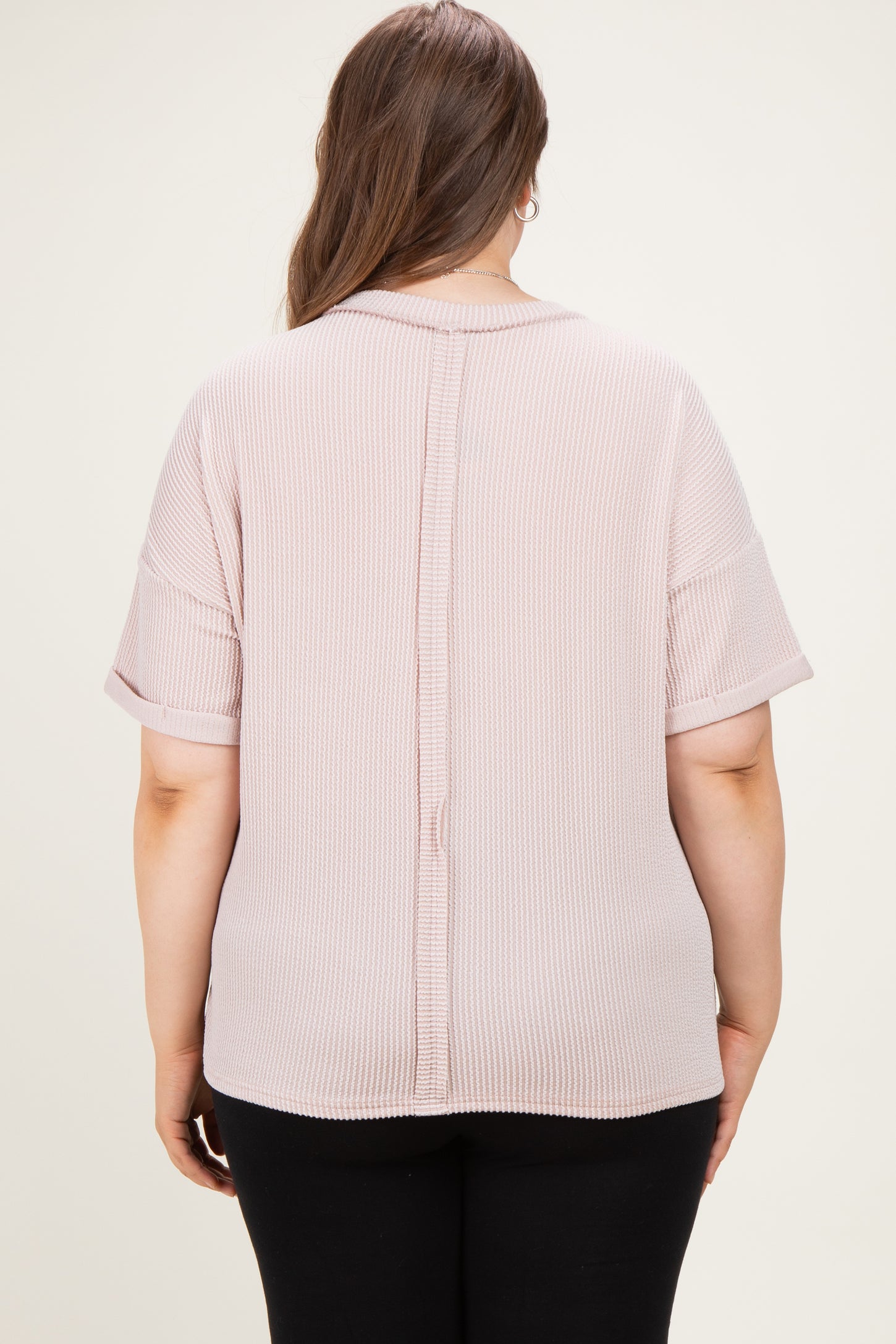Beige Plus Raised Rib Short Sleeve Front Pocket Maternity Top