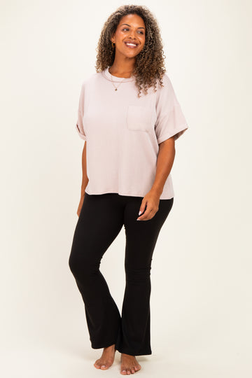 Beige Plus Raised Rib Short Sleeve Front Pocket Top
