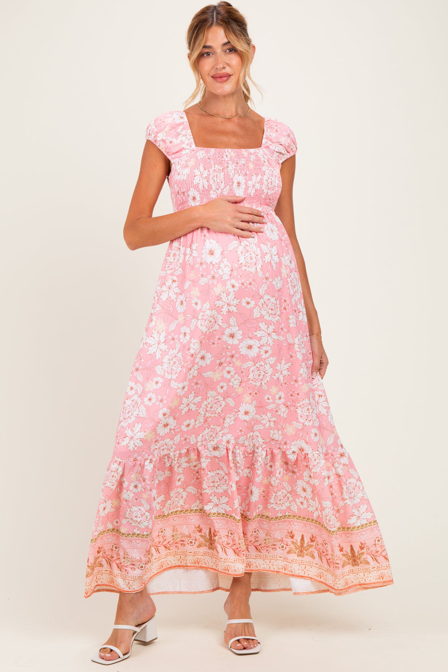 Pink Floral Smocked Maternity Maxi Dress