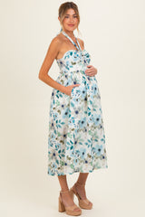 Off White Floral Halter Maternity Midi Dress