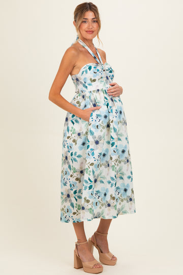 Off White Floral Halter Maternity Midi Dress