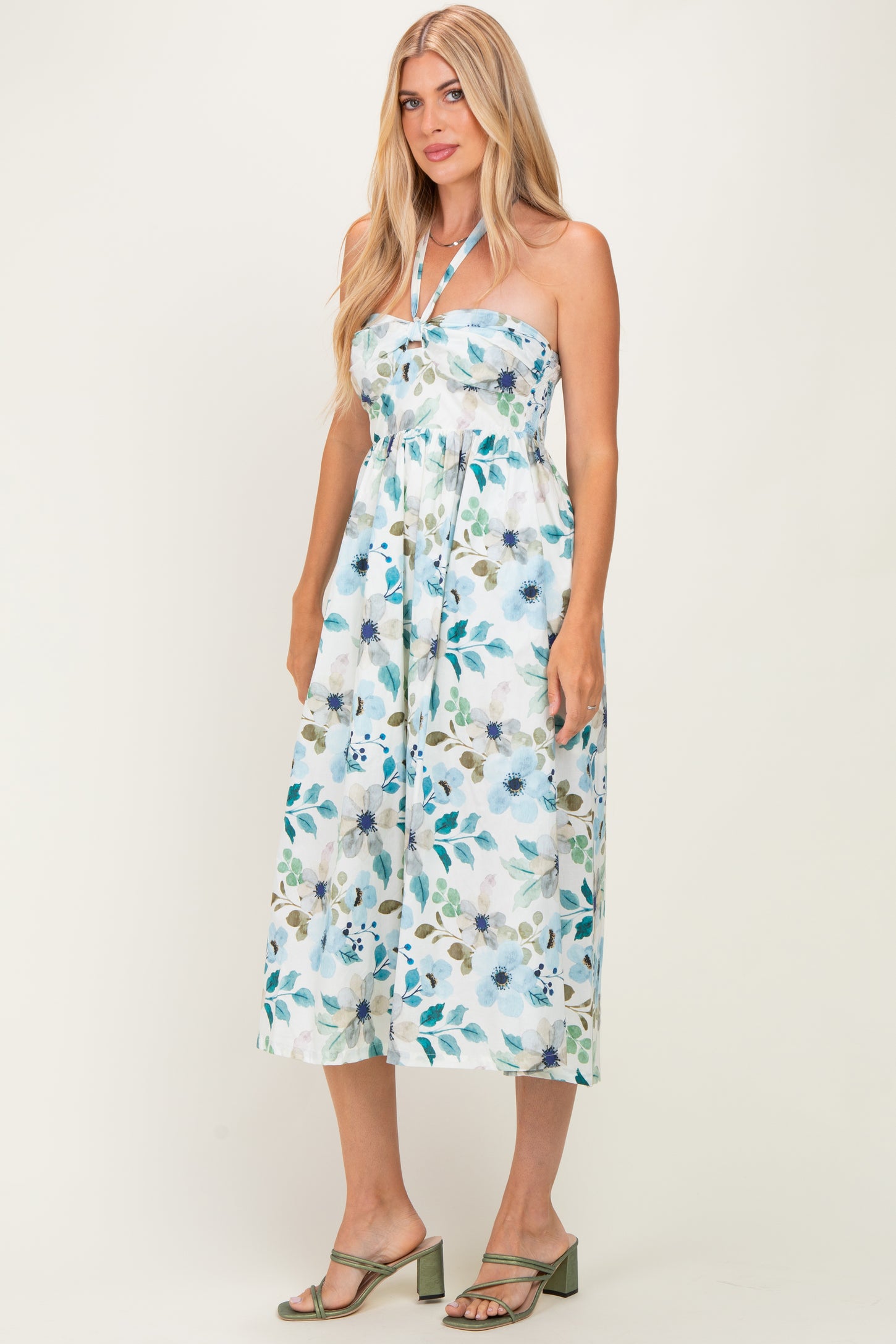 Off White Floral Halter Midi Dress