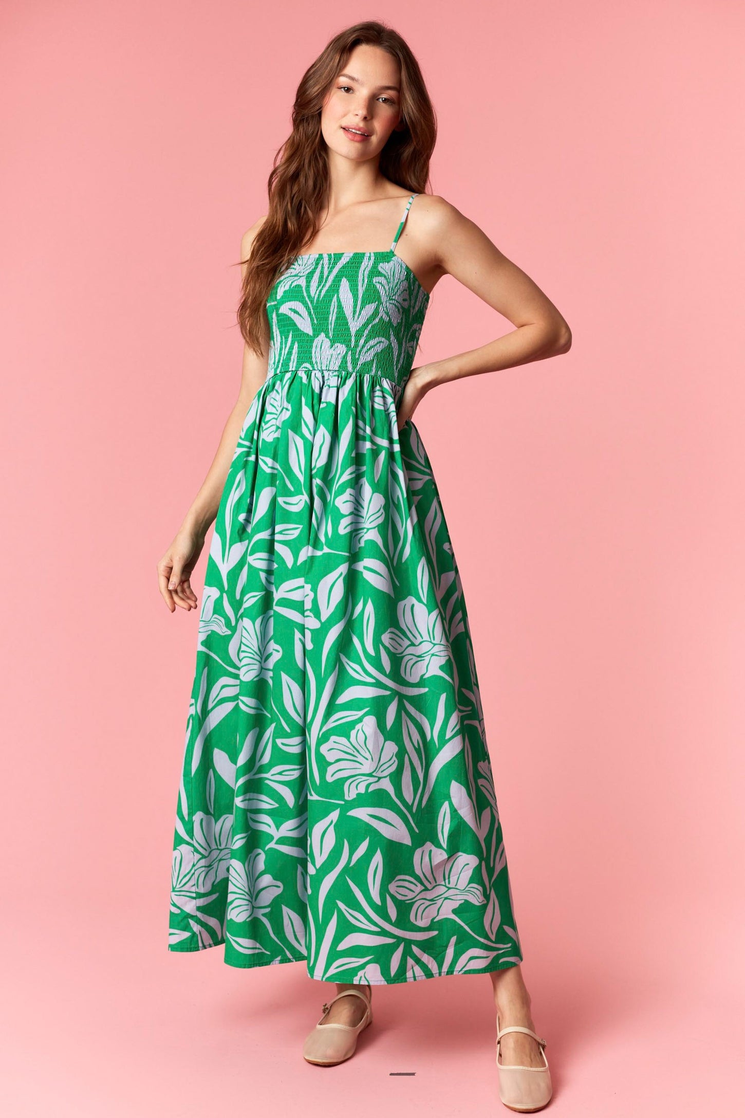 Kelly Green Floral Smocked Maternity Midi Dress