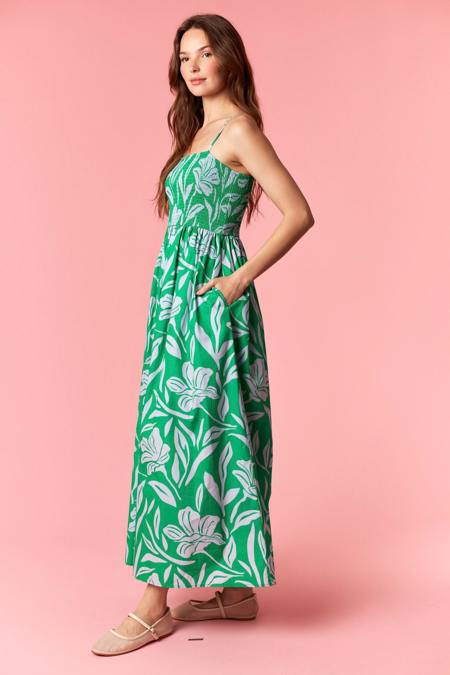 Kelly Green Floral Smocked Midi Dress