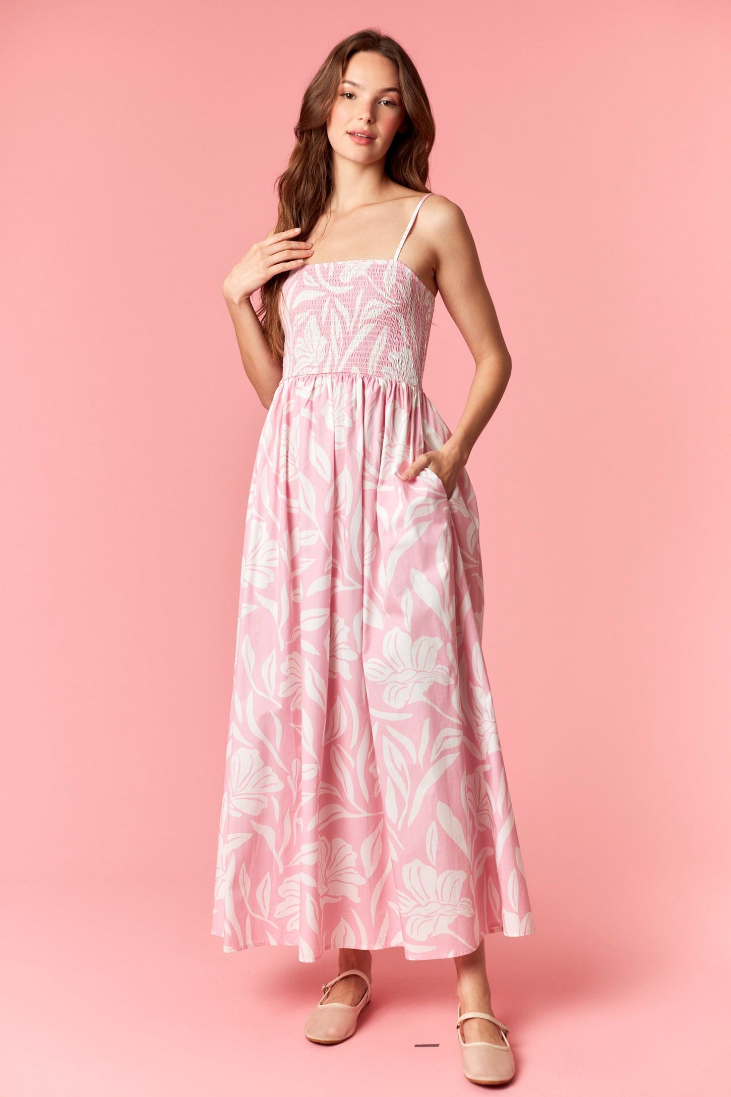 Light Pink Floral Smocked Maternity Midi Dress