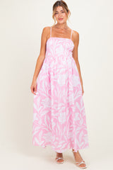 Light Pink Floral Smocked Maternity Midi Dress