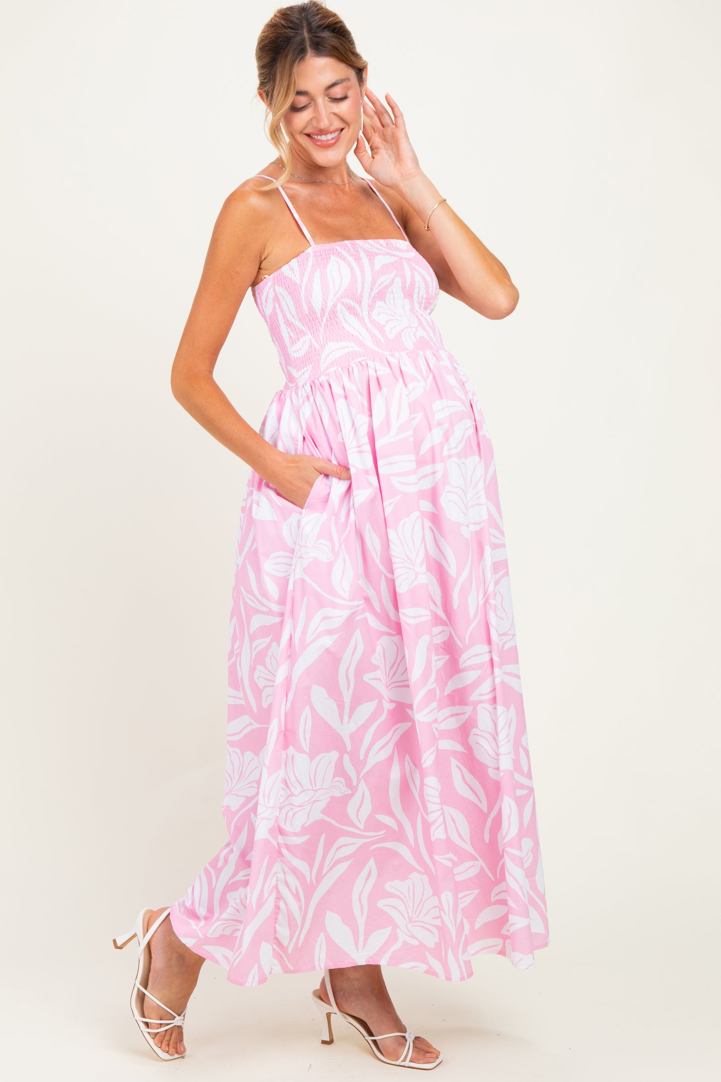 Light Pink Floral Smocked Maternity Midi Dress