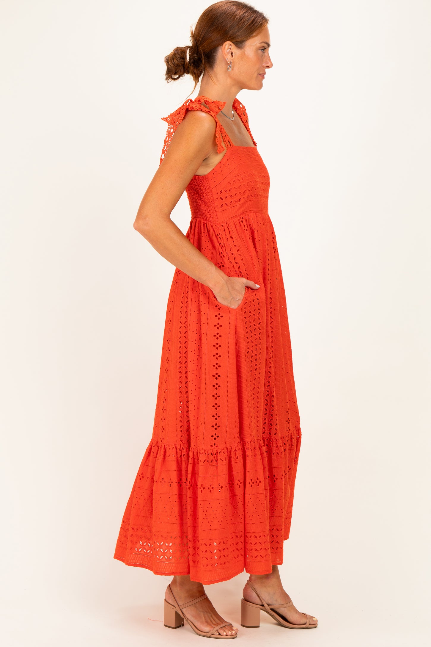Tomato Laser Cut Lace Shoulder Tie Maxi Dress