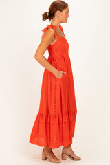 Tomato Laser Cut Lace Shoulder Tie Maxi Dress