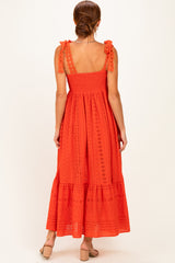 Tomato Laser Cut Lace Shoulder Tie Maxi Dress