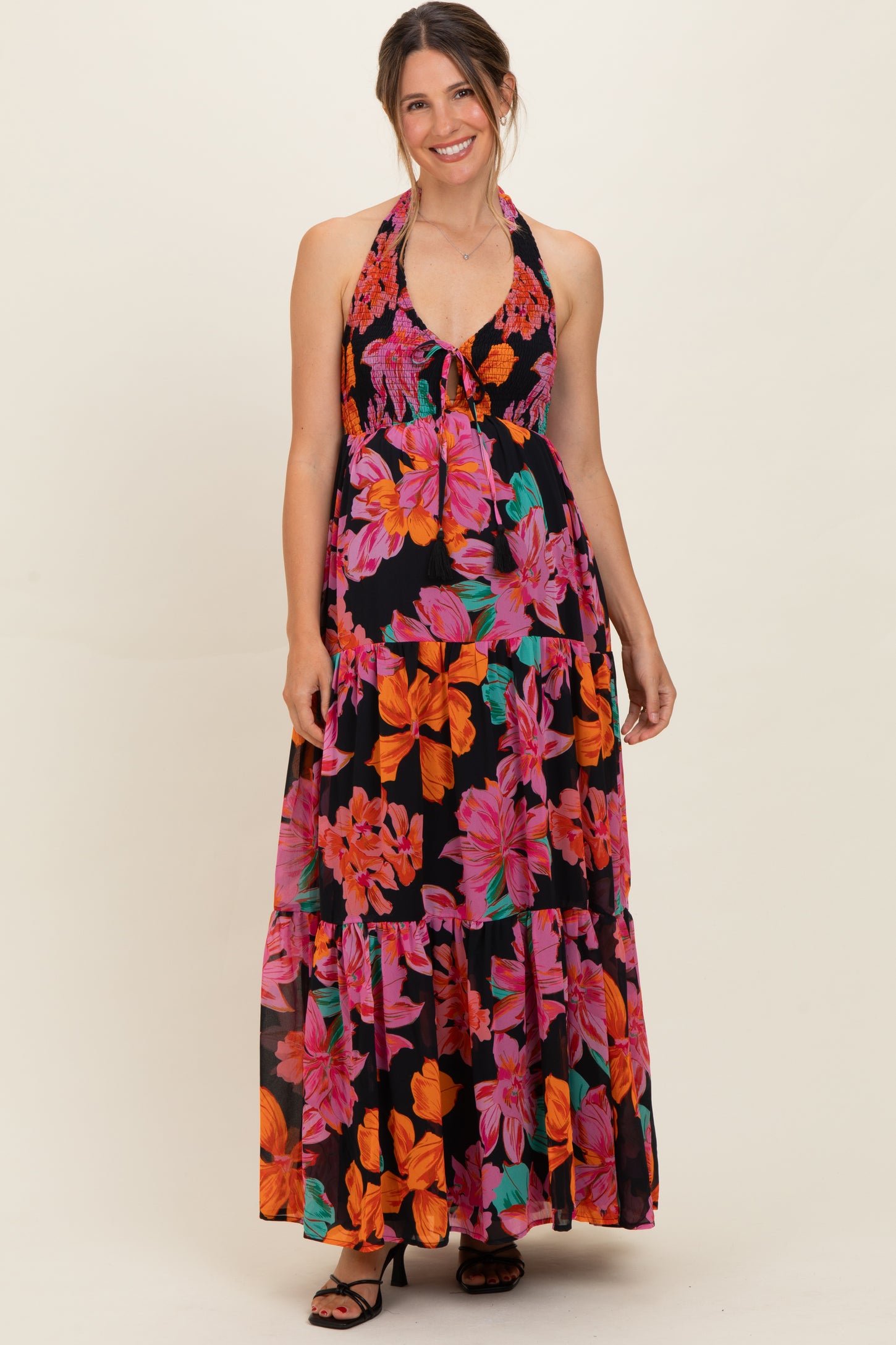 Black Floral Deep V-Neck Smocked Maternity Midi Dress