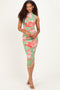 Sage Floral Ruched High Neck Midi Dress