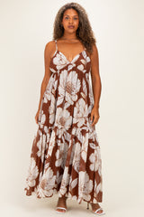Brown Floral Sleeveless Plus Maxi Dress