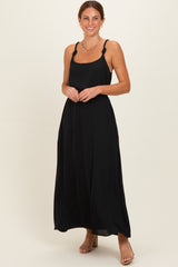Black Sleeveless Flower Belt Maxi Dress