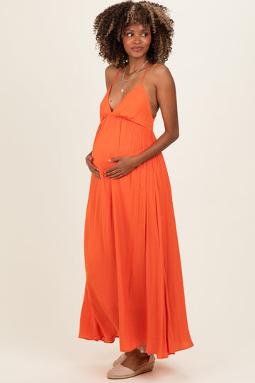 Orange V-Neck Open Back Maternity Maxi Dress