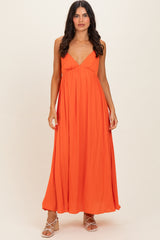 Orange V-Neck Open Back Maternity Maxi Dress