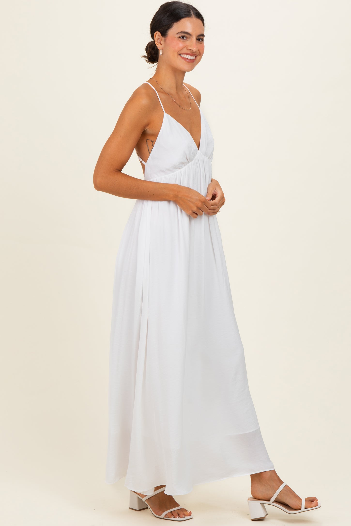 Off White V-Neck Open Back Maxi Dress