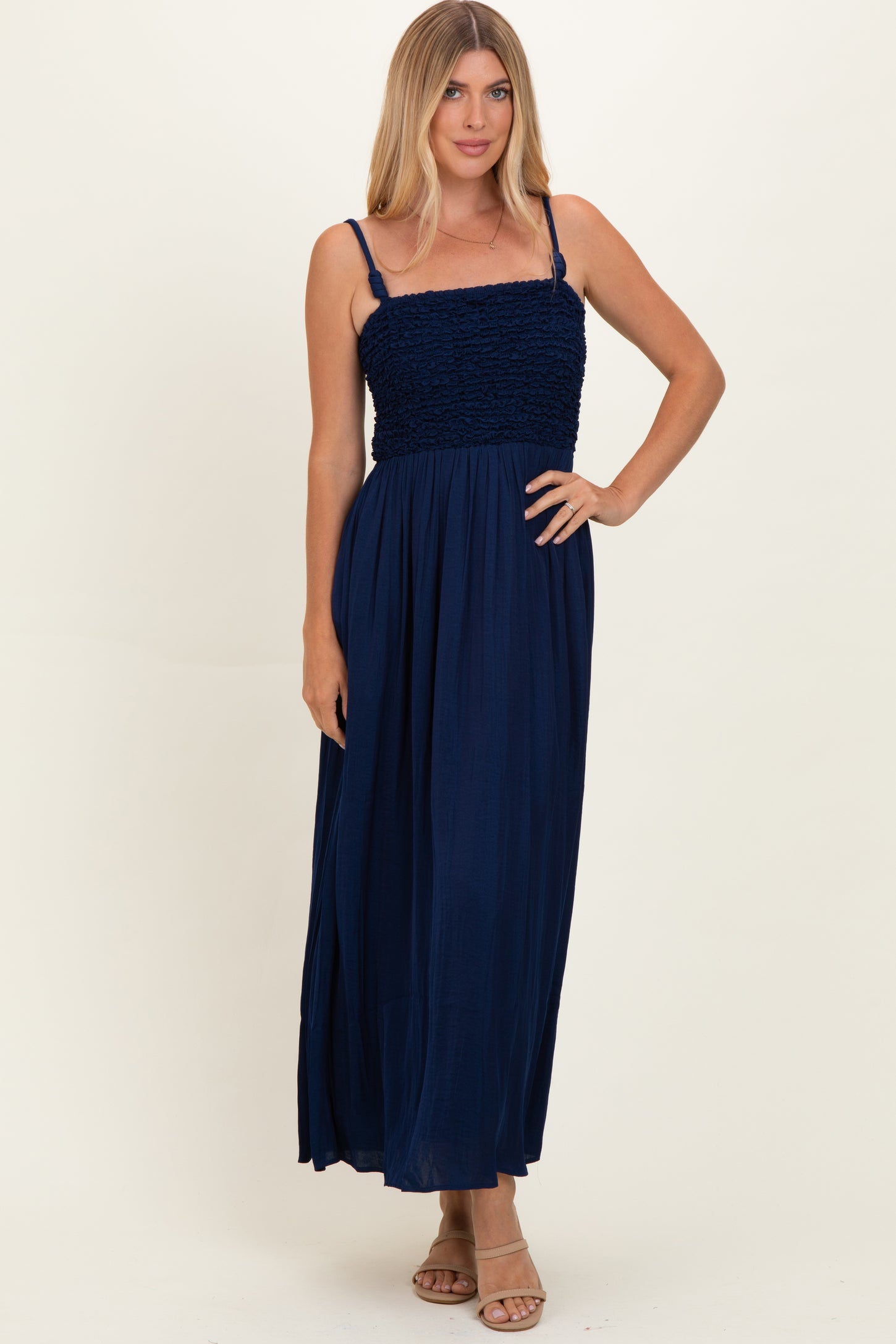 Navy Textured Smocked Maxi Dress