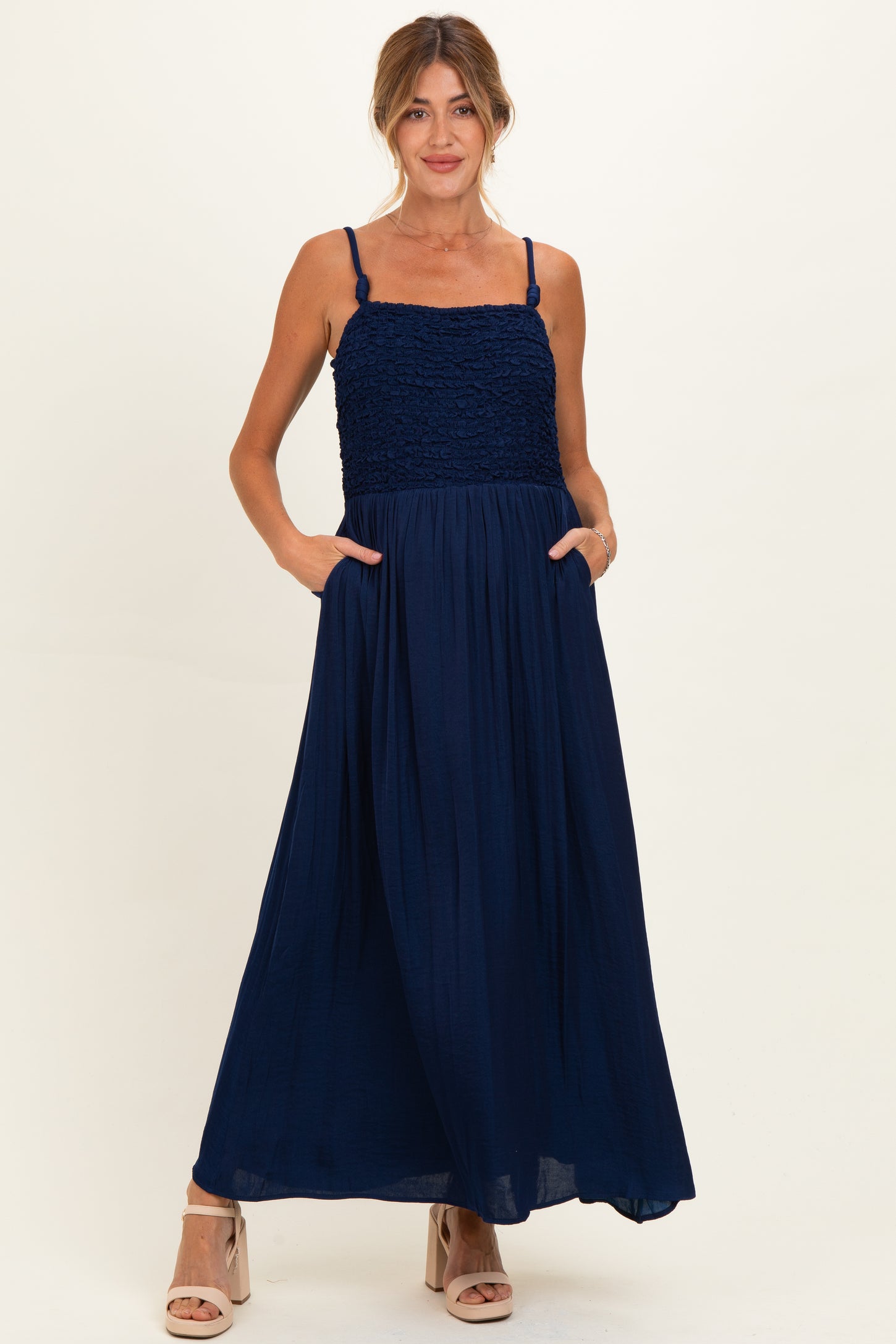 Navy Textured Smocked Maternity Maxi Dress