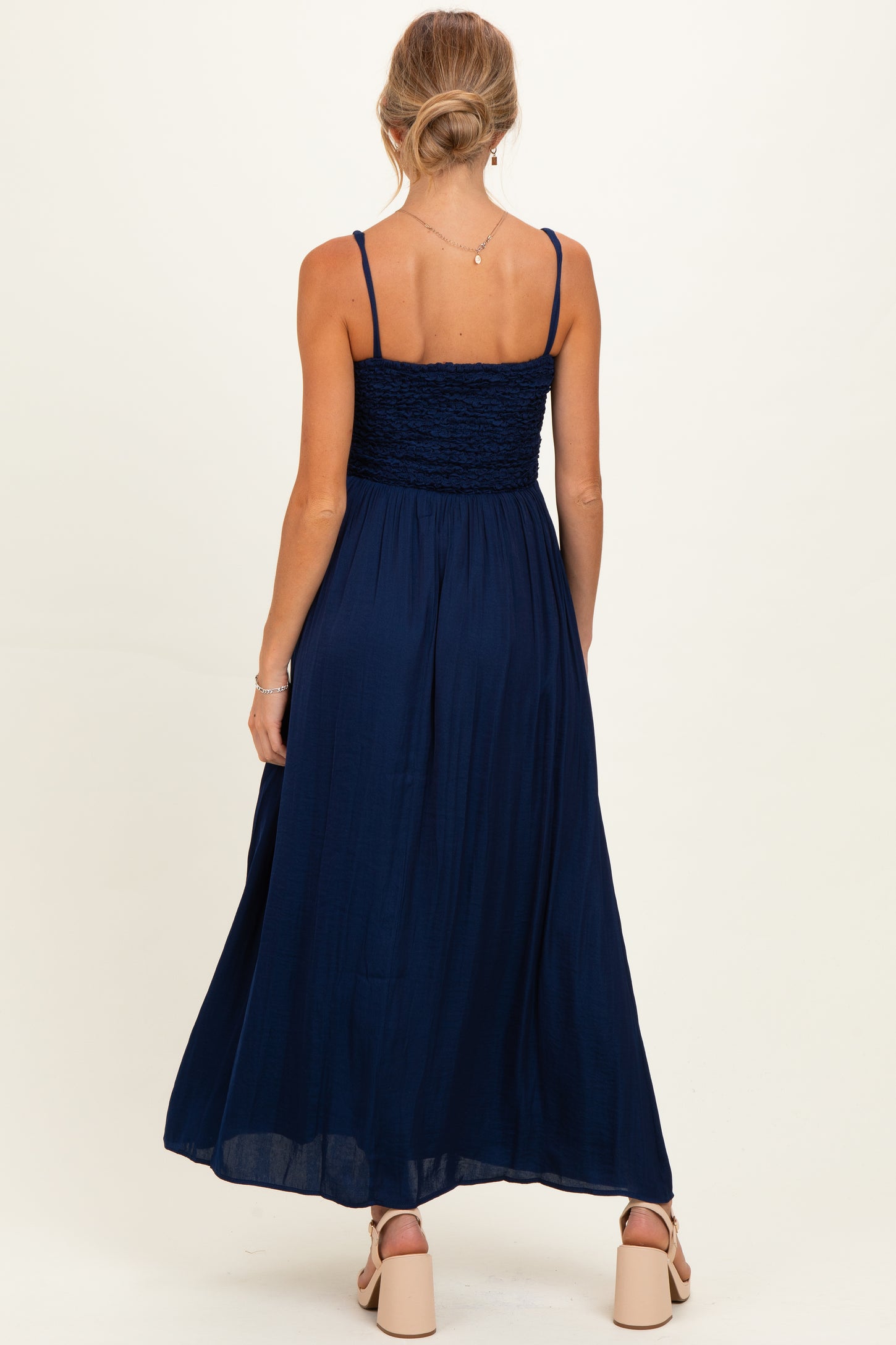 Navy Textured Smocked Maternity Maxi Dress