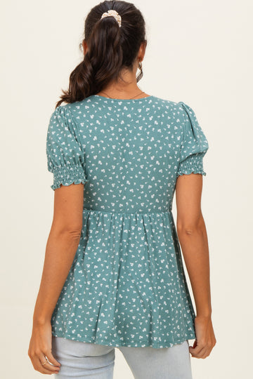 Olive Ditsy Floral Smocked Sleeve Wrap Top
