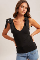 Black Bow Tie Detail Sleeveless V Neck Ribbed Top