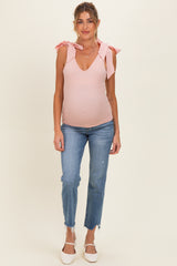 Pink Bow Tie Detail Sleeveless V Neck Ribbed Maternity Top