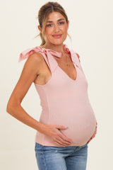Pink Bow Tie Detail Sleeveless V Neck Ribbed Maternity Top
