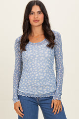 Blue Daisy Print Mesh Long Sleeve Sheer Top