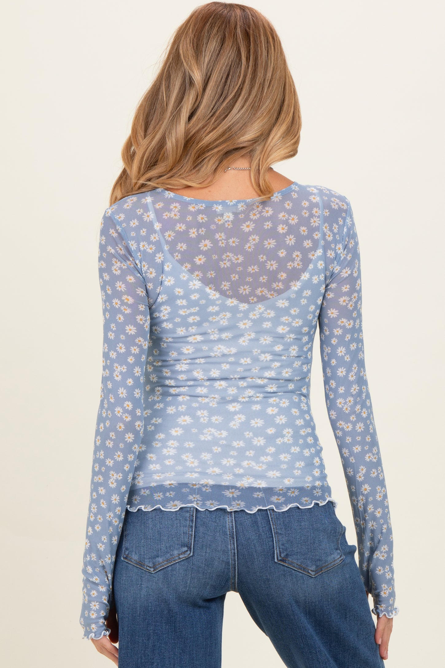 Blue Daisy Print Mesh Long Sleeve Sheer Maternity Top