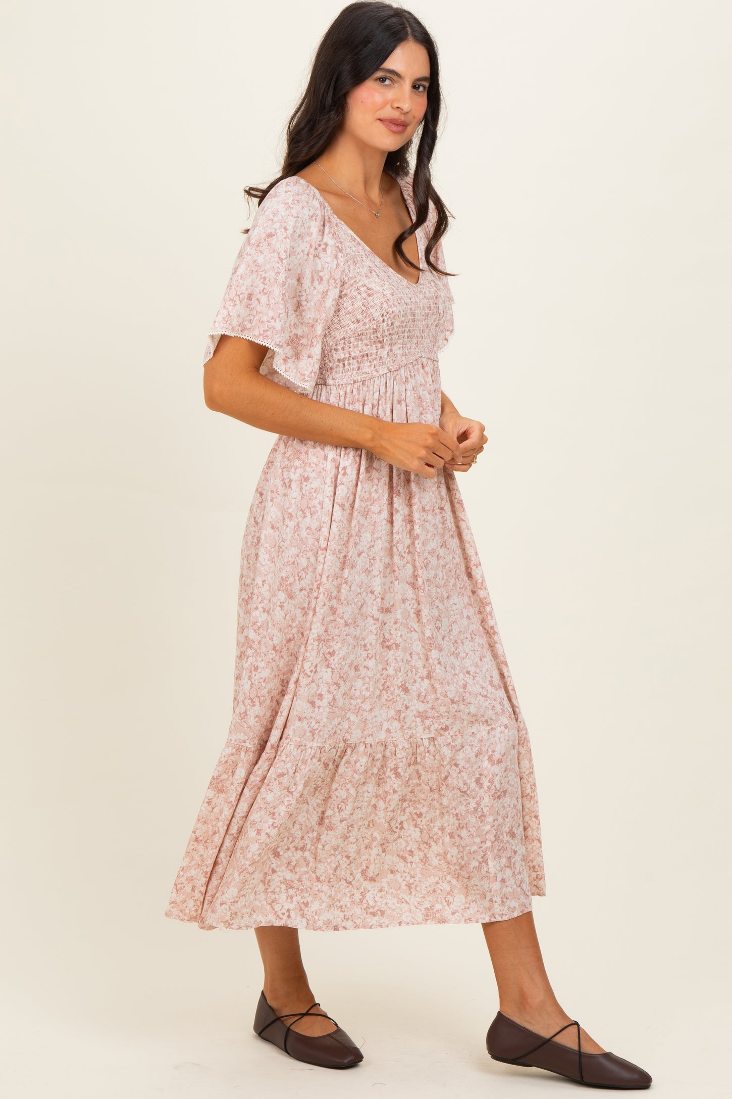 Mauve Flutter Sleeve Floral Print Smocked Chest Ruffled Hem Dress