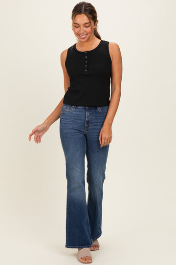 Black Ribbed Sleeveless Henley Tank Top
