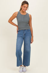 Olive Ribbed Sleeveless Henley Tank Top