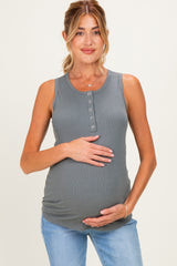 Olive Ribbed Sleeveless Henley Maternity Tank Top