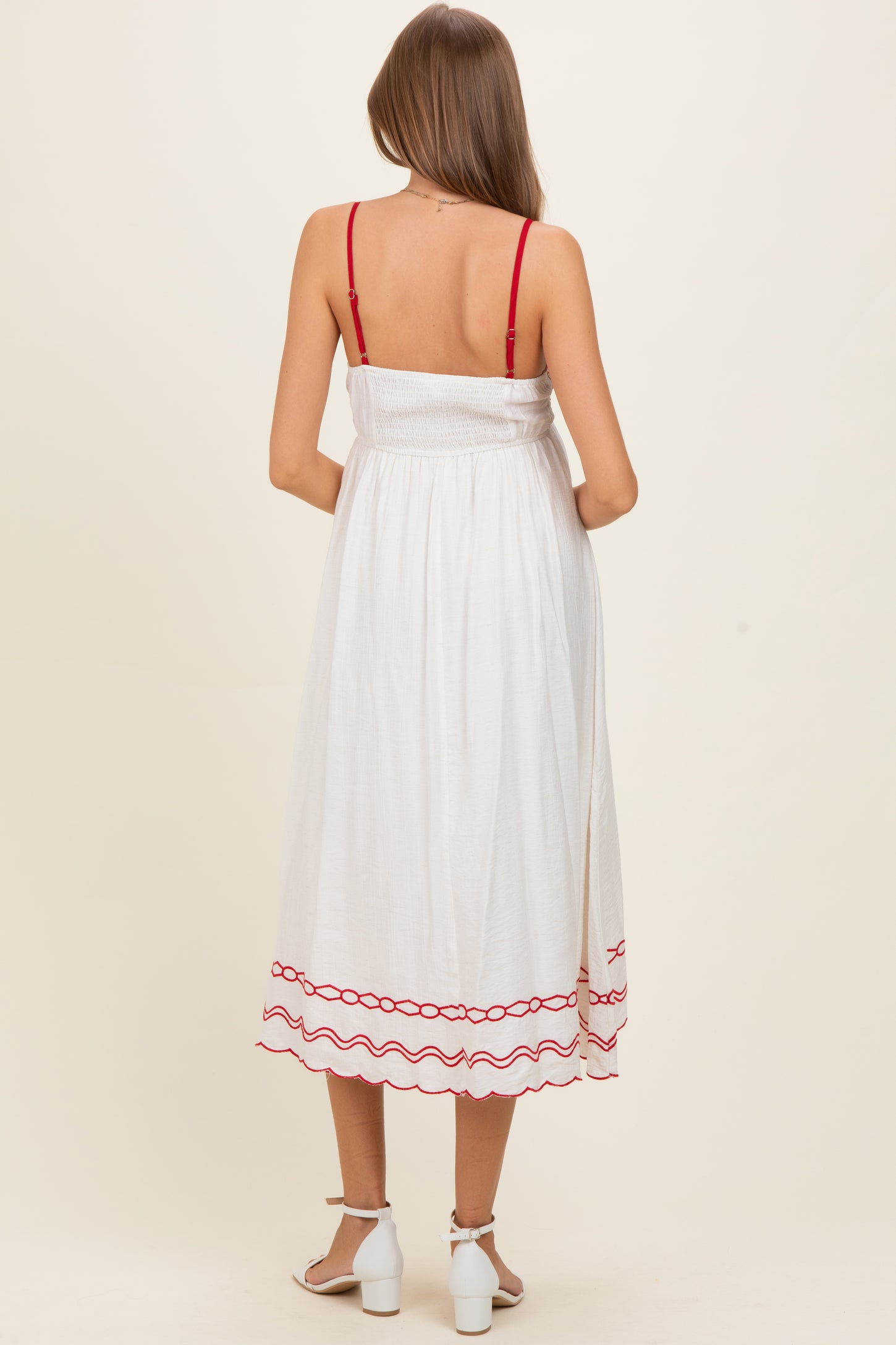 Red Floral Embroidery Scalloped Midi Dress