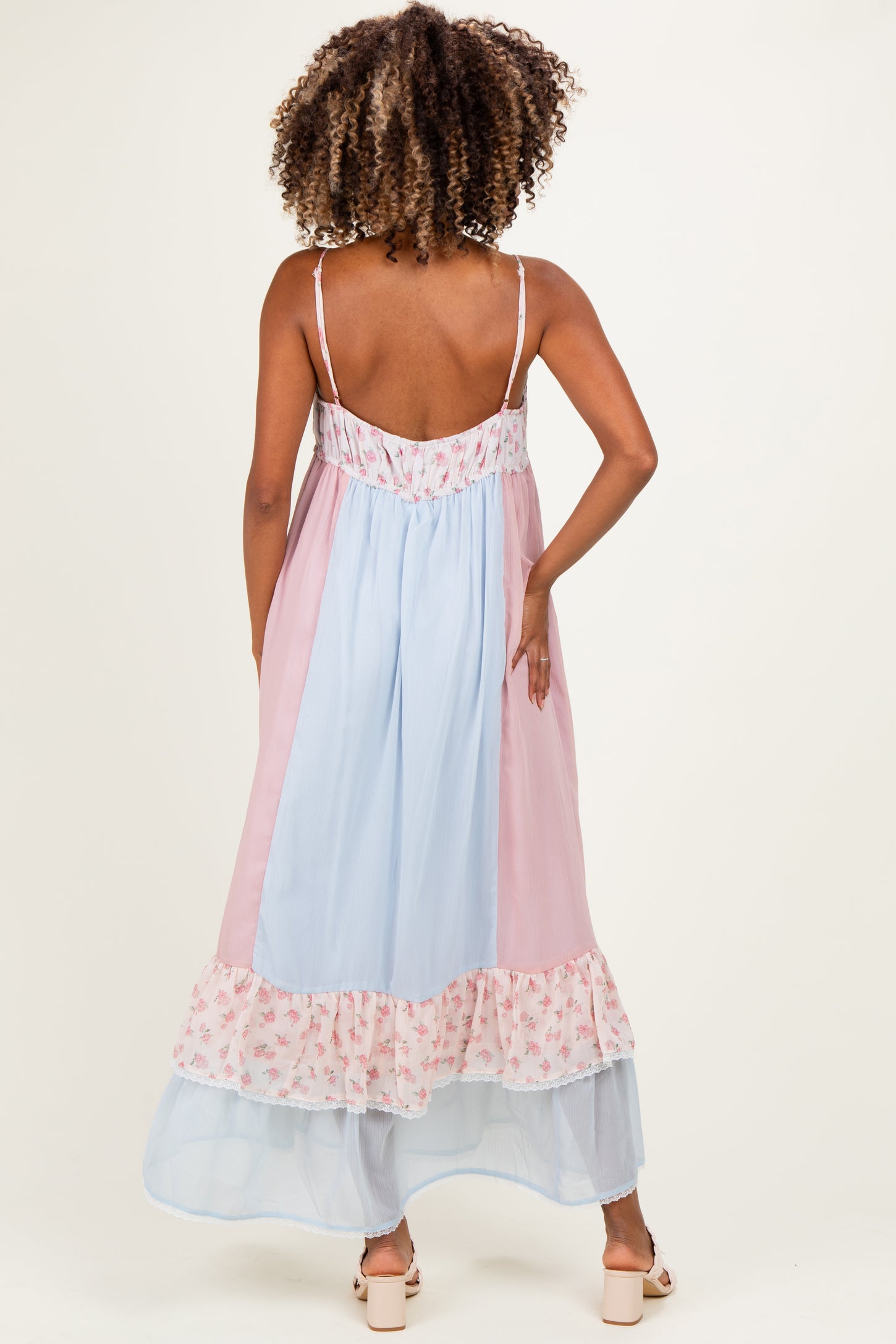 Light Blue Floral Colorblock Tiered Ruffle Maternity Maxi Dress