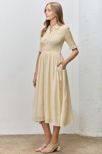 Pale Yellow Smocked Button Down Midi Dress