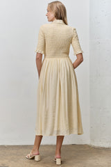 Pale Yellow Smocked Button Down Midi Dress