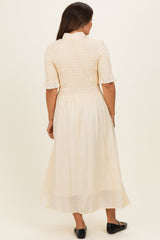 Pale Yellow Smocked Button Down Maternity Midi Dress