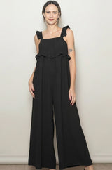 Black Ruffle Strap Maternity Wide Leg Jumpsuit