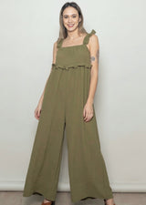 Olive Ruffle Strap Maternity Wide Leg Jumpsuit